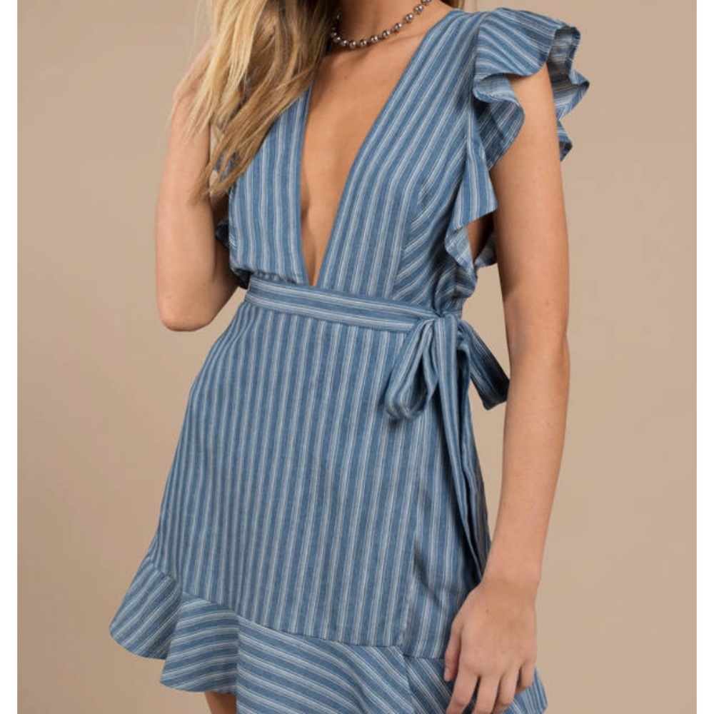 ROSALIE STRIPE CHAMBRAY WRAP DRESS IN BLUE